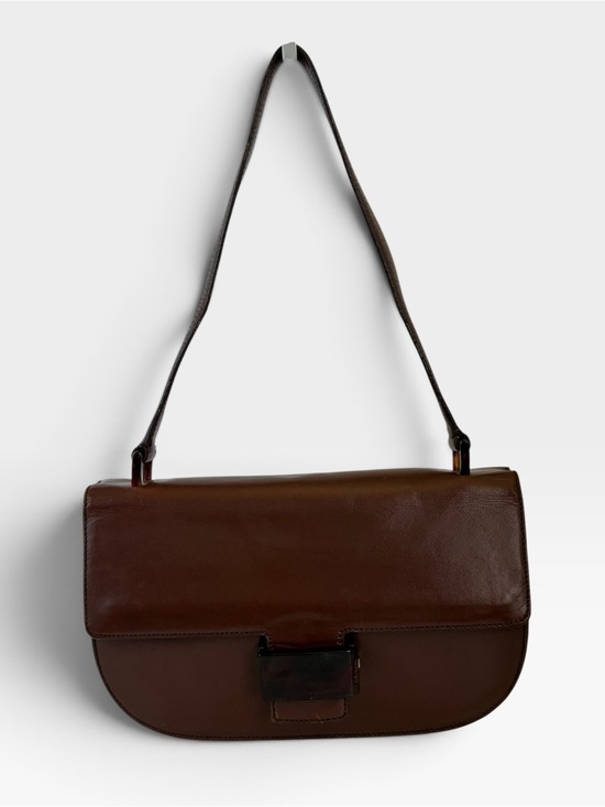 Prada Handbags - Vintage Prada Brown Leather Shoulder Bag Flap Clasp Logo Y2K